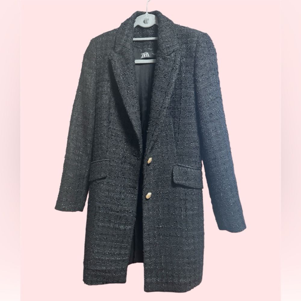 Zara Women's Black Tweed Blazer with Gold Buttons
